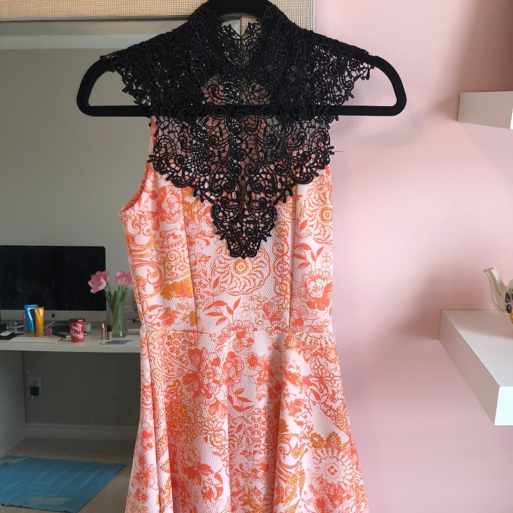 Coral and Pink Dress with Black Lace Details